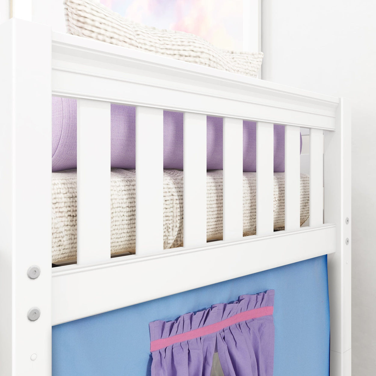 White loft bed with purple and beige bedding, featuring a blue curtain with a purple ruffle accent, ideal for kids' room decor.