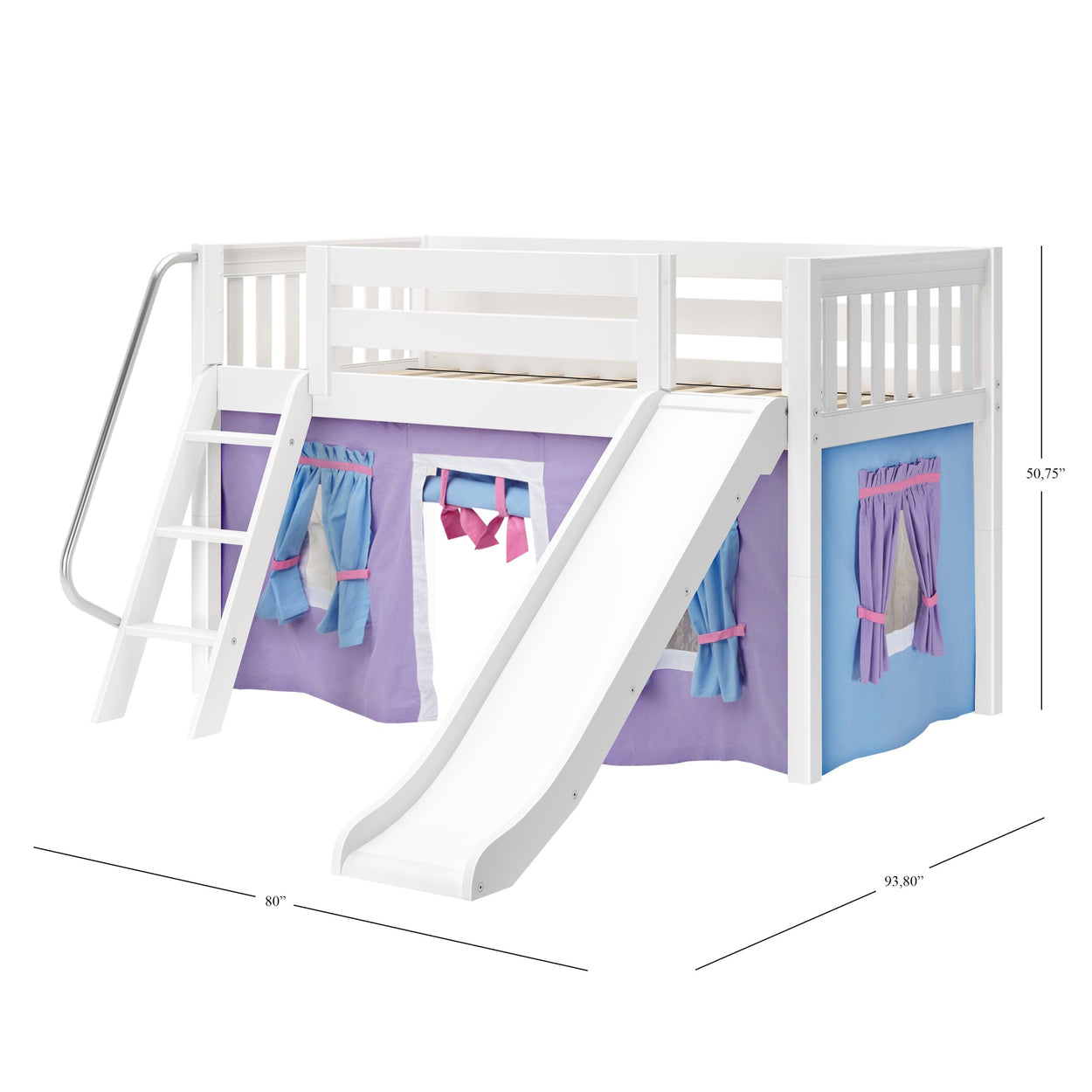 Kids' loft bed with slide and colorful playhouse curtain, perfect for fun and functional bedroom setups.