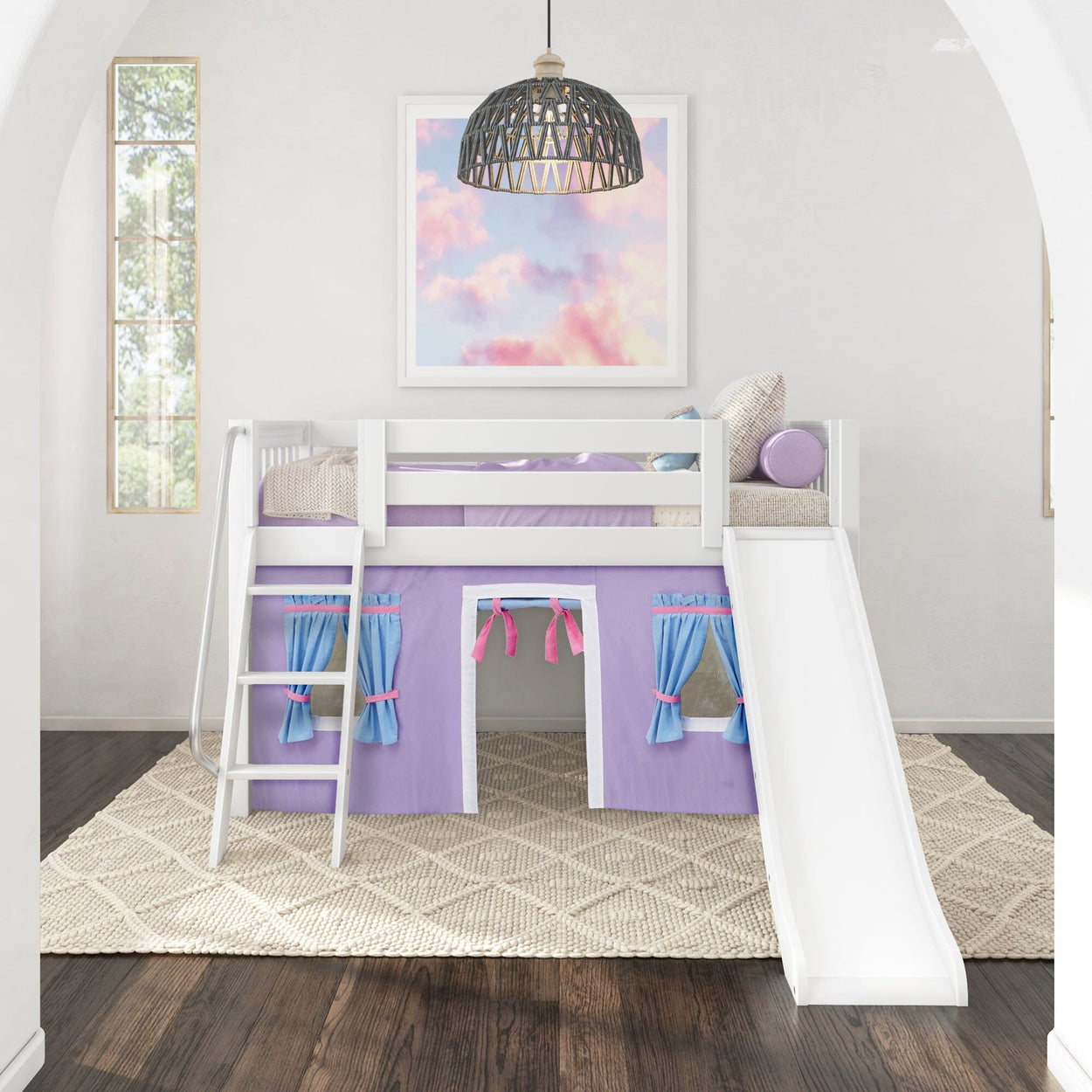 Children's loft bed with slide and play area in modern bedroom setting.