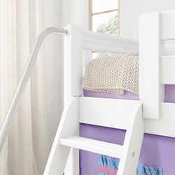White loft bed with purple bedding and a knitted blanket in a modern bedroom setting.
