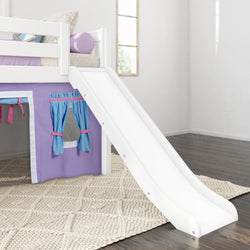 Children's white loft bed with slide and purple play curtain in modern bedroom.