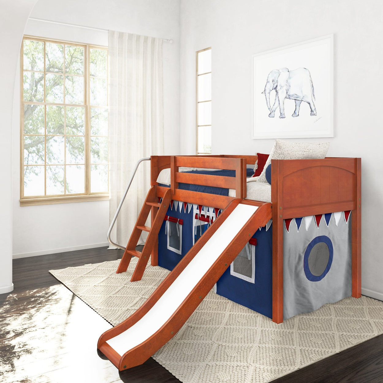 Children's bunk bed with slide and playhouse design in bright white bedroom.