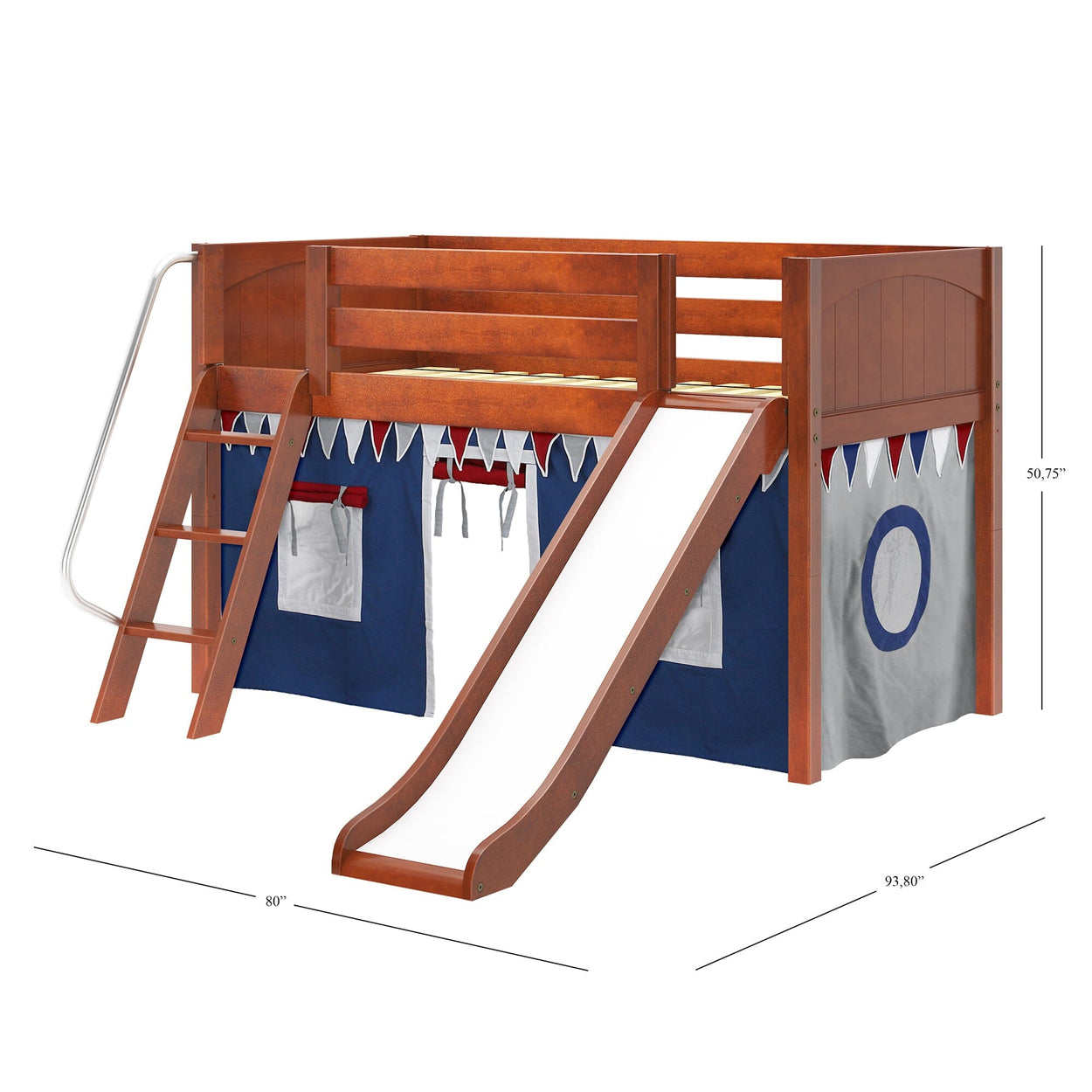 Wooden loft bed with ladder and slide for children, featuring play curtains with colorful design, ideal for kids' bedroom furniture.