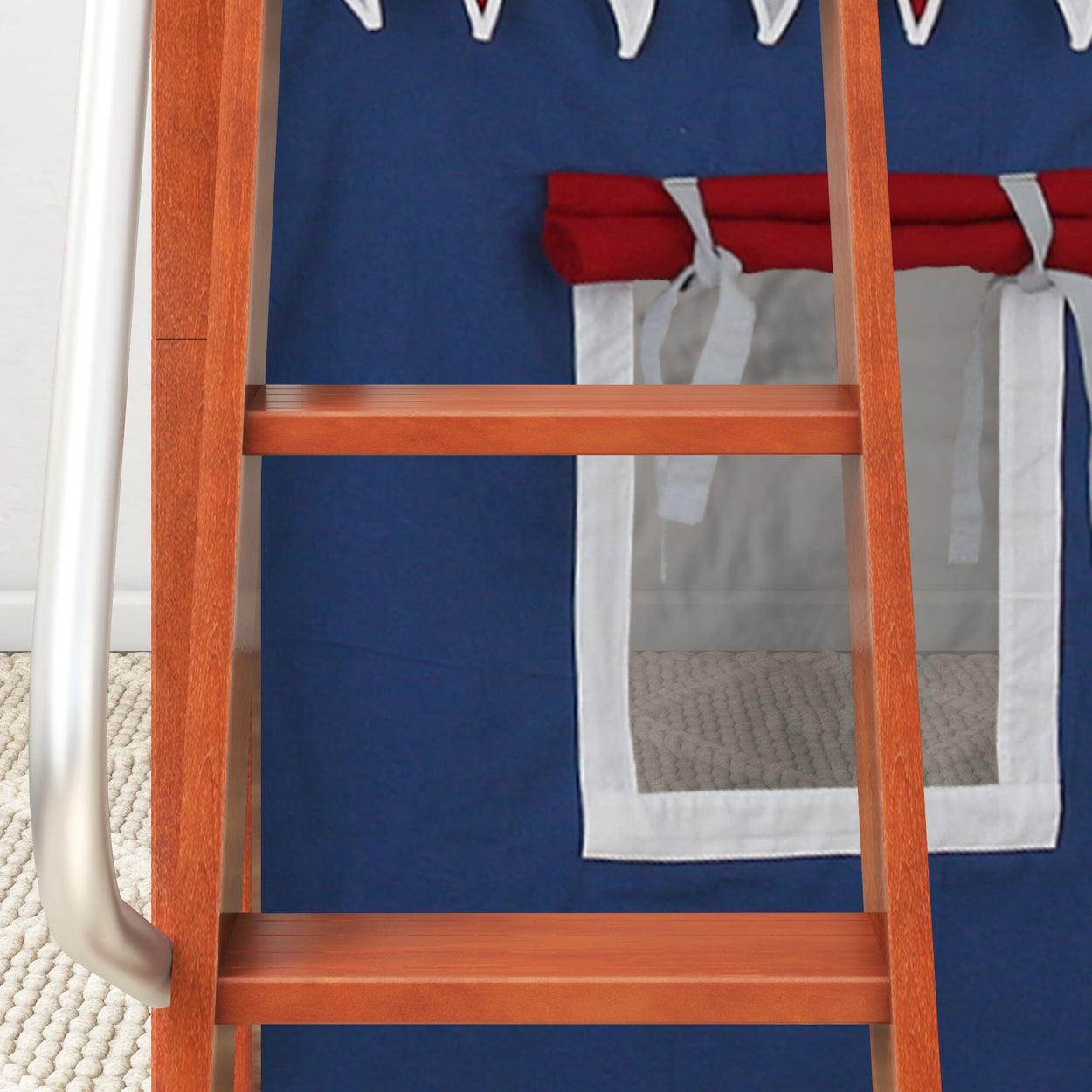 Wooden bunk bed ladder with a blue tent cover and red accent for kids' room.