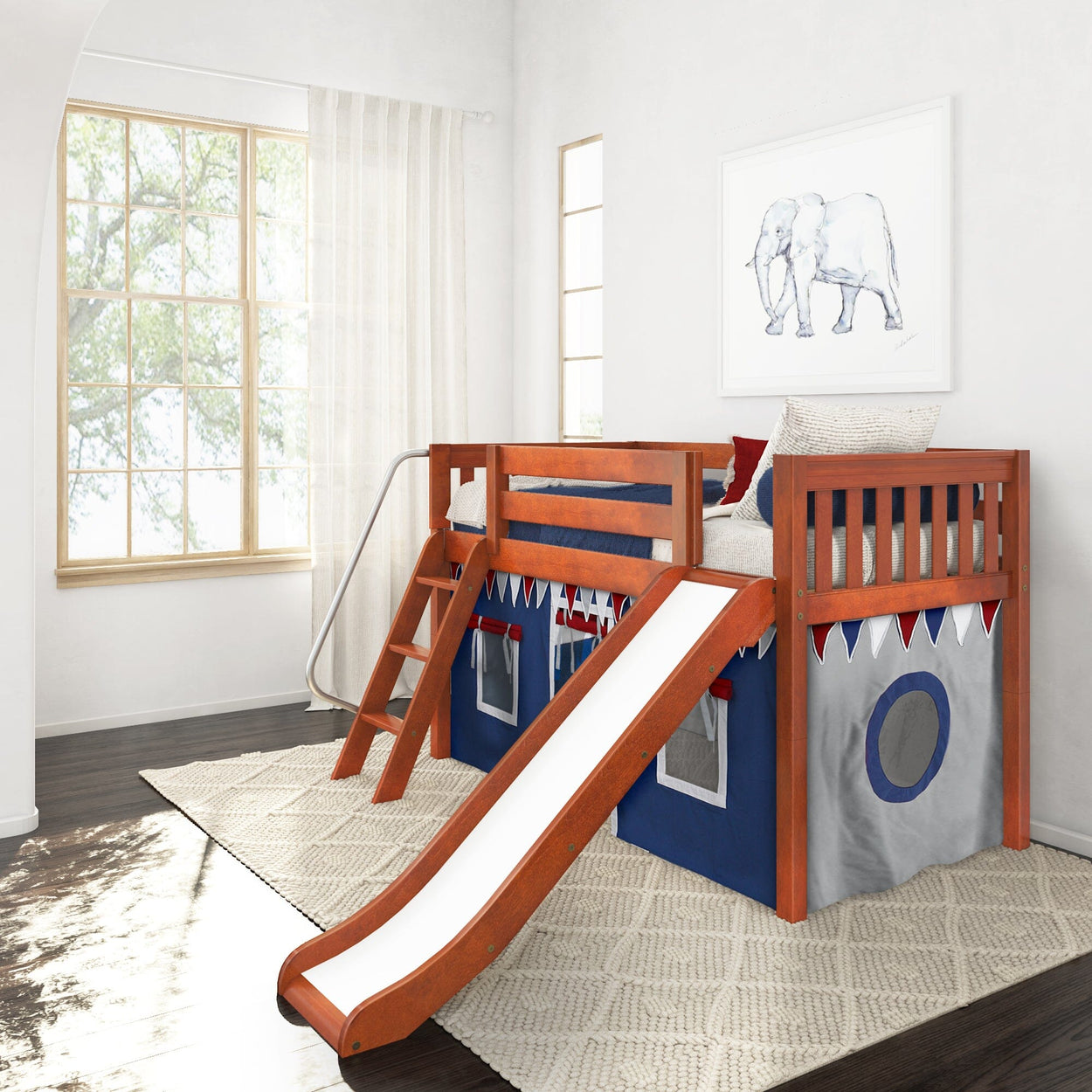 Children's loft bed with slide and tent in a bright bedroom.