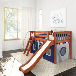 Children's loft bed with slide and tent in a bright bedroom.