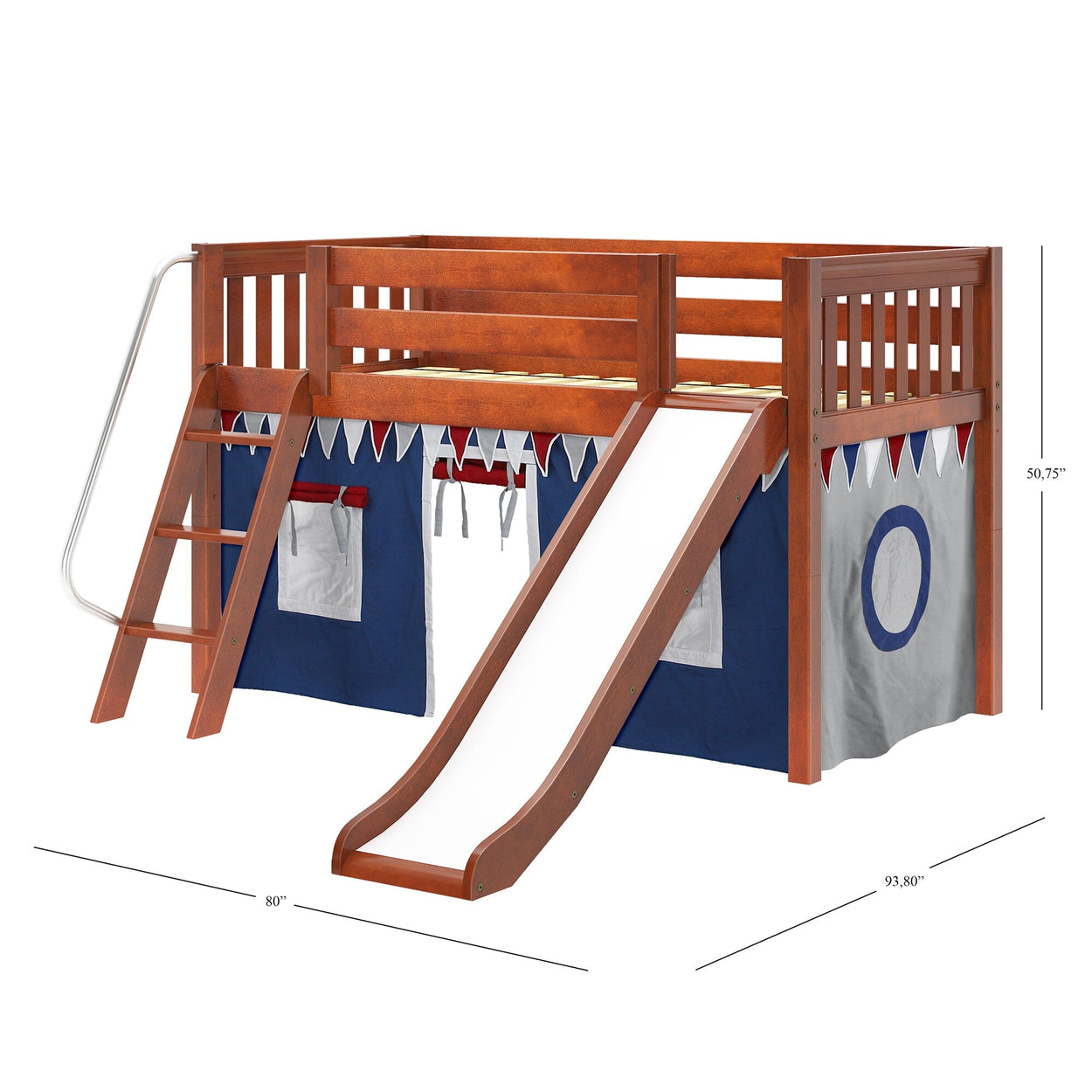 Children's wooden loft bed with slide, ladder, and playful tent design for kids' bedroom furniture.