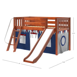 Children's wooden loft bed with slide, ladder, and playful tent design for kids' bedroom furniture.