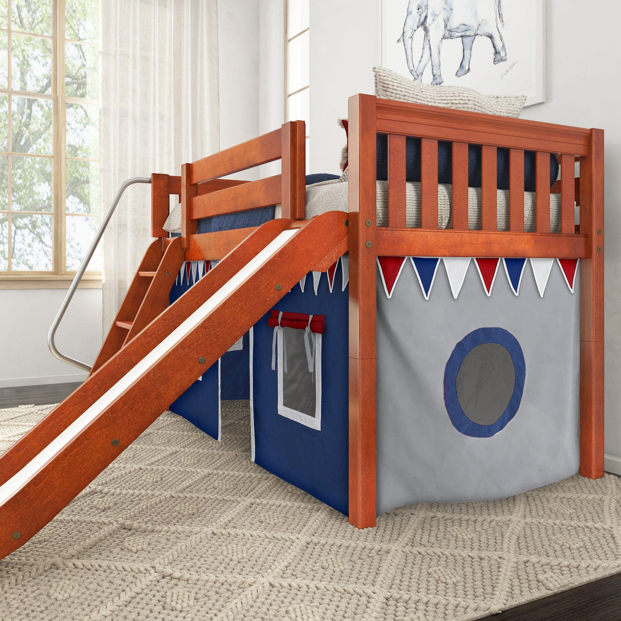 Wooden loft bed with slide and blue and gray playhouse curtains, perfect for kids' room.