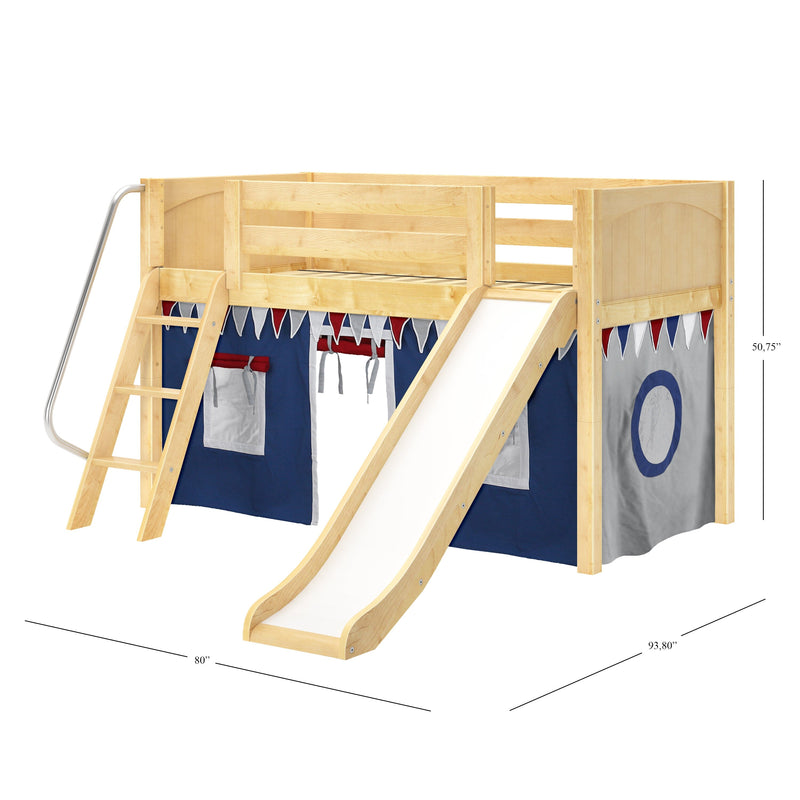Natural wood children's loft bed with ladder and slide, navy blue play-tent panels and decorative pennant bunting