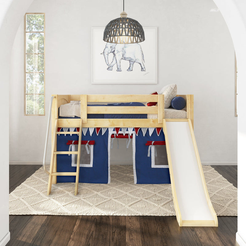 Kids wooden loft bed with slide and navy blue play-tent panels, red-and-white bunting, textured cream rug, woven pendant light and framed elephant wall art in a bright children's bedroom