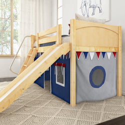 Wooden loft bed for kids with slide and play tent in colorful bedroom.