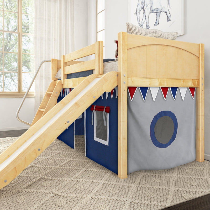 Natural wood kids loft bed with slide and ladder over navy play tent and red-white-blue bunting in a bright modern children's bedroom with textured rug and large window