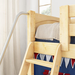 Wooden bunk bed with ladder, cozy knitted blanket on top bunk, natural light through window.