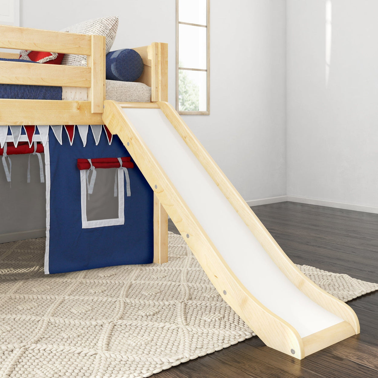 Children's wooden bunk bed with slide and blue playhouse tent in modern bedroom.