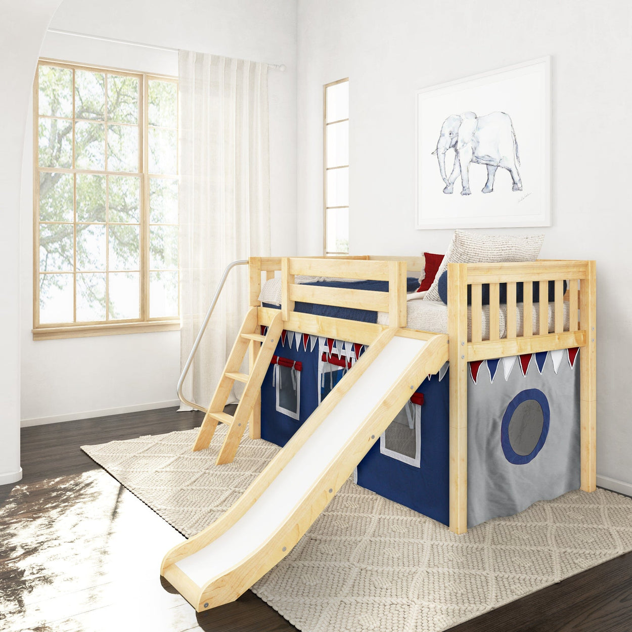 Wooden loft bed with slide and ladder in a bright children's room, featuring blue and gray tent, elephant wall art, and natural light.