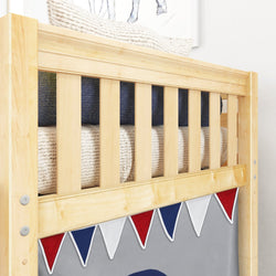 Wooden bunk bed with decorative triangular flags in red, white, and blue, showcasing cozy bedding.