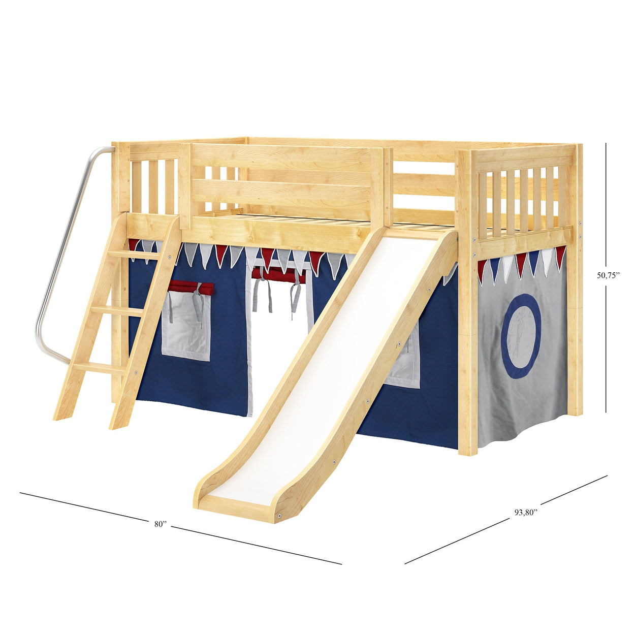 Children's wooden loft bed with slide, ladder, and play curtain in nautical theme.
