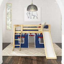 Loft bed with slide and play curtains in a children's room decorated with elephant artwork.