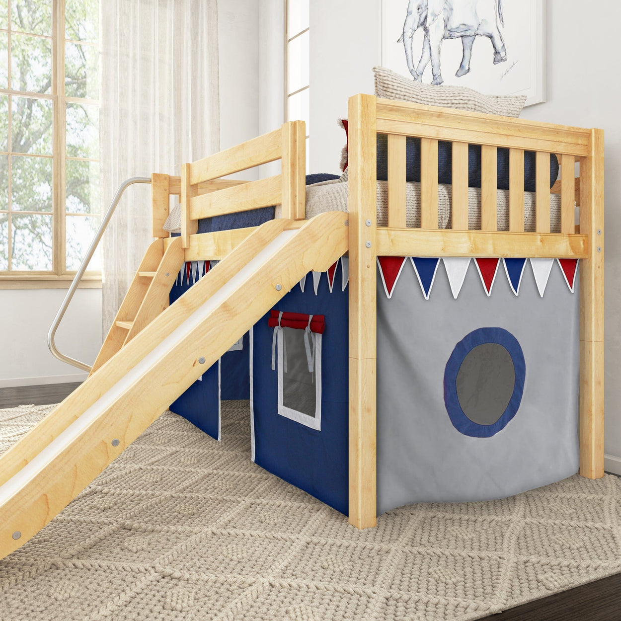 Wooden loft bed with attached slide and tent for kids' playroom decor.