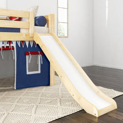 Wooden loft bed with slide and play tent for kids in bright bedroom.