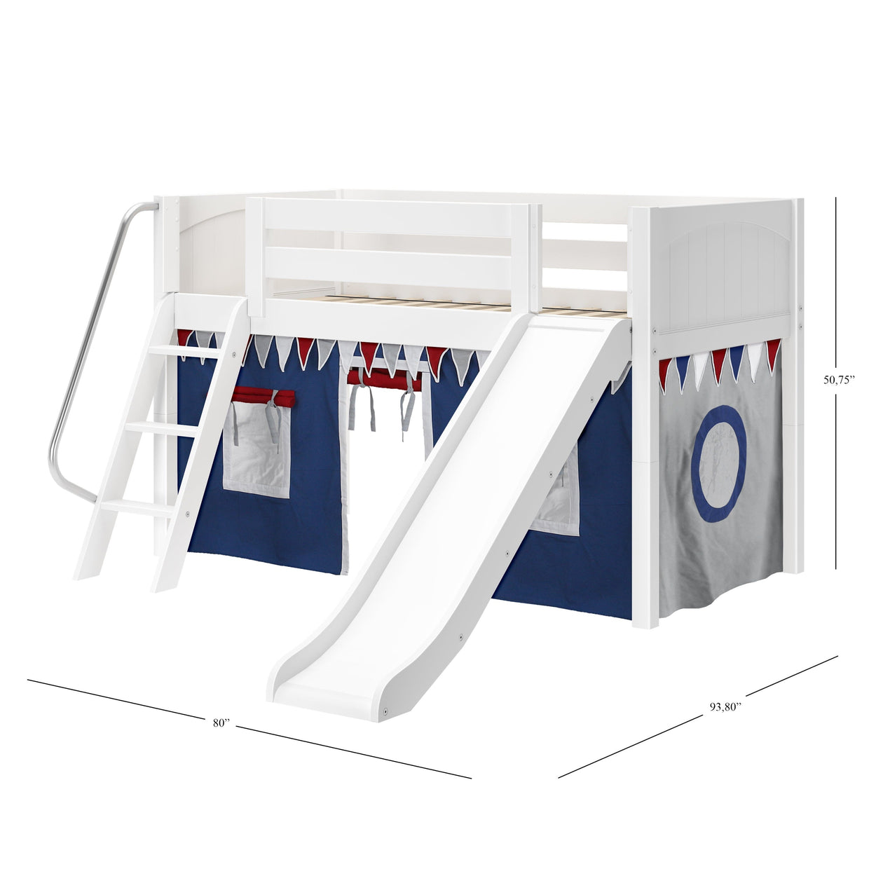 Kids wooden loft bed with slide, ladder, and play curtains in blue and red theme, perfect for children's bedroom furniture.