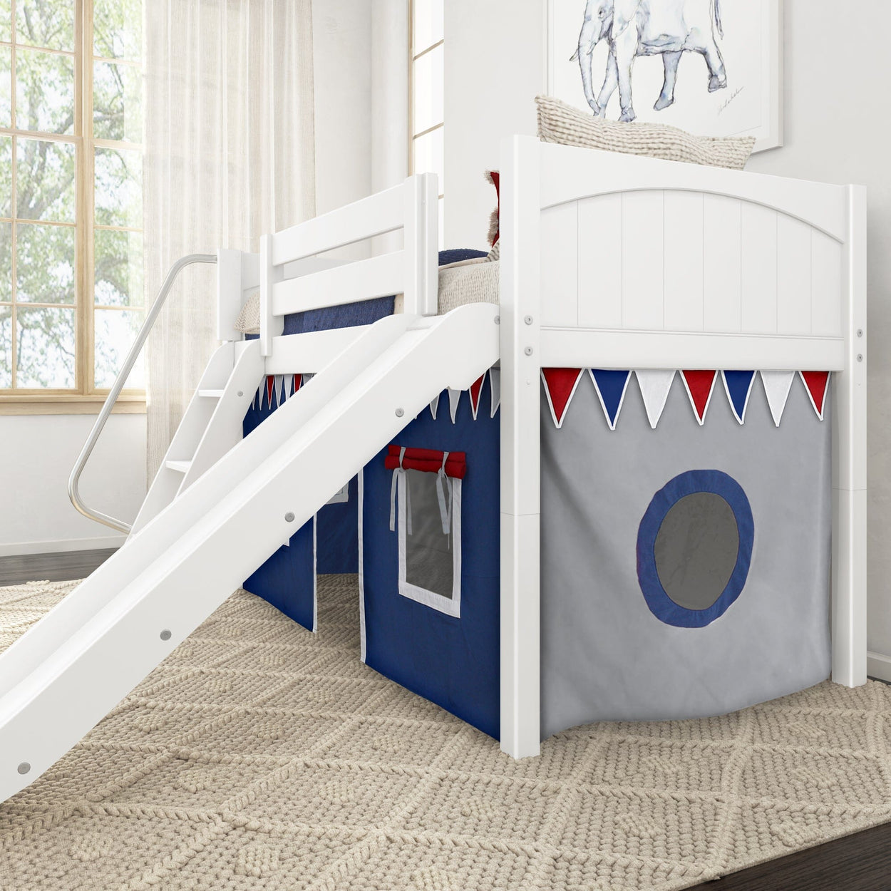 White loft bed with slide and colorful play tent for kids' room.