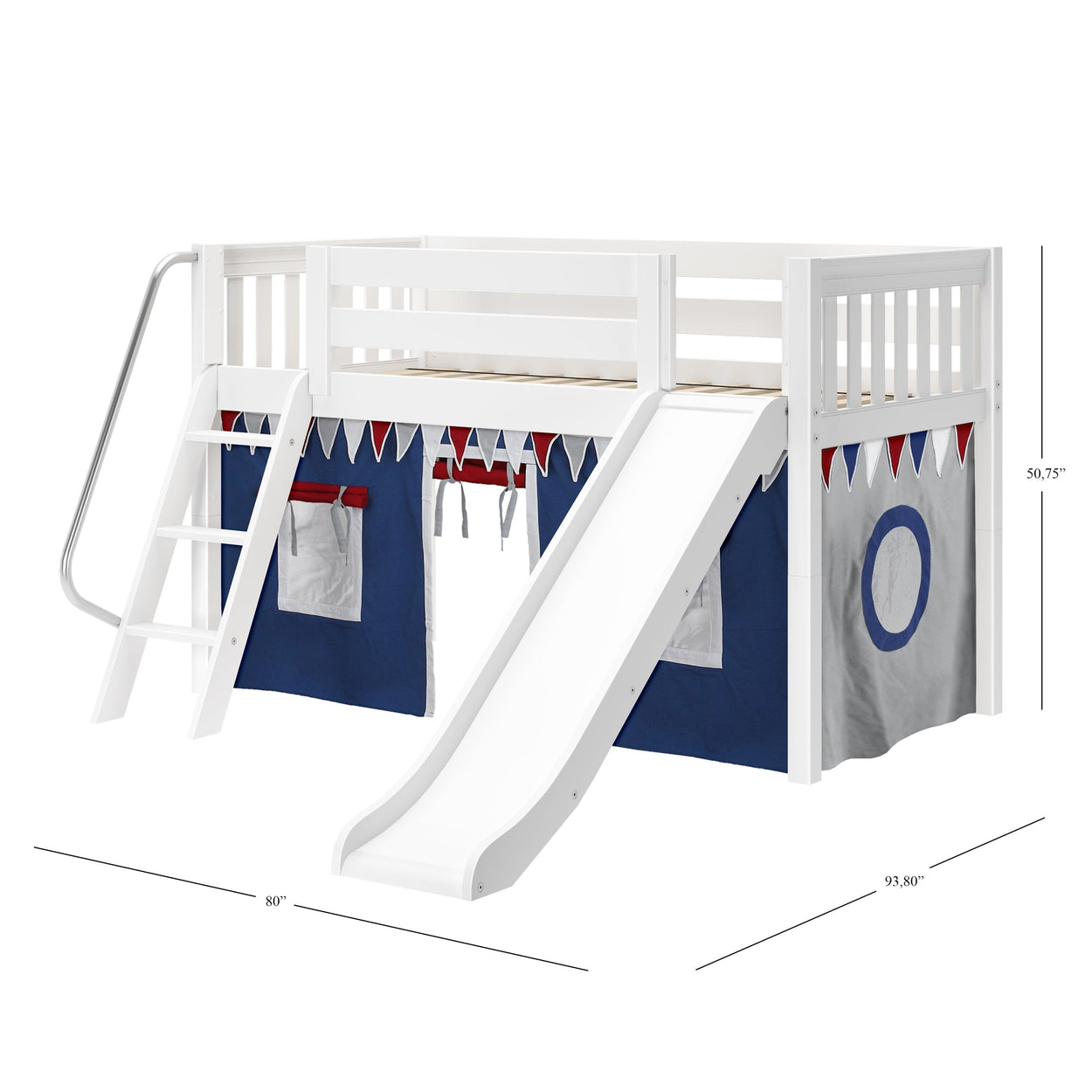 Children's white loft bed with slide and ladder, featuring blue and red decorative curtains, perfect for a playful and space-saving bedroom setup.