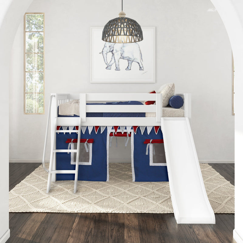White wooden loft bunk bed with slide and navy-and-red play tent panels in nautical kids bedroom, framed elephant wall art, woven pendant light and hardwood floors