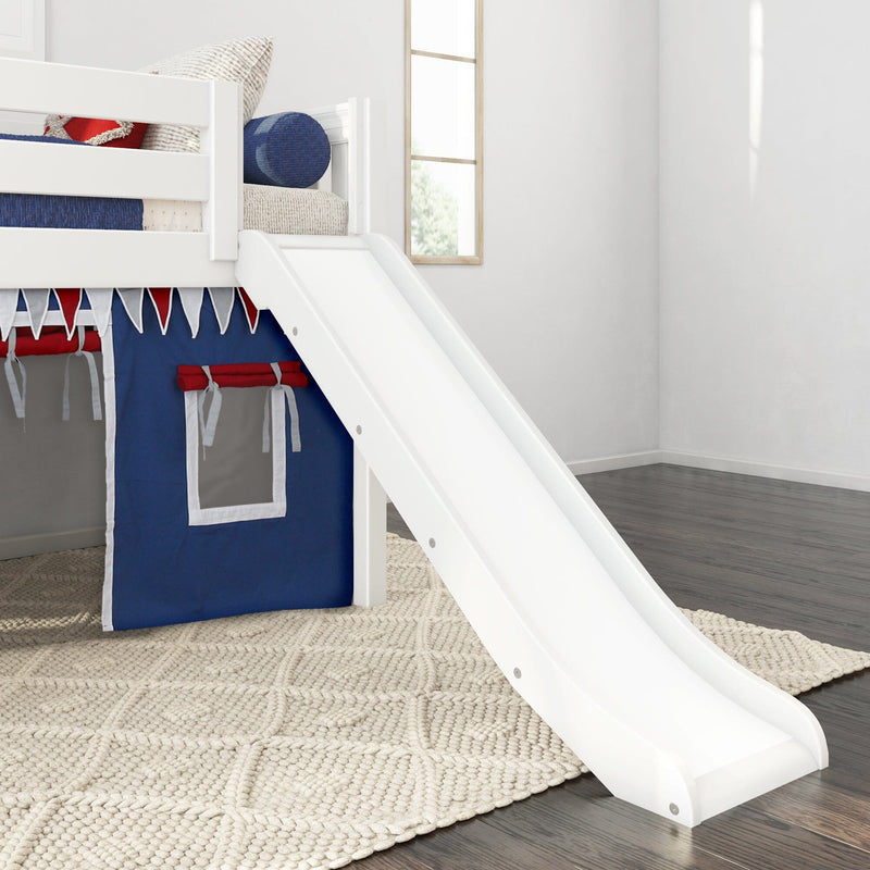 White children's loft bed with slide and navy play-tent curtain over braided beige rug on dark hardwood floor in a bright modern kids' bedroom