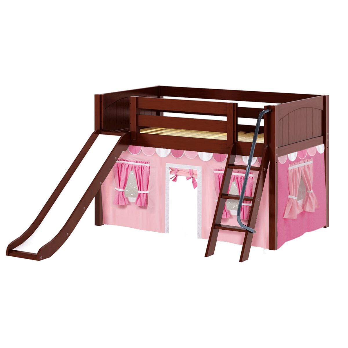 Wooden toddler loft bed with pink play tent, slide, and ladder.