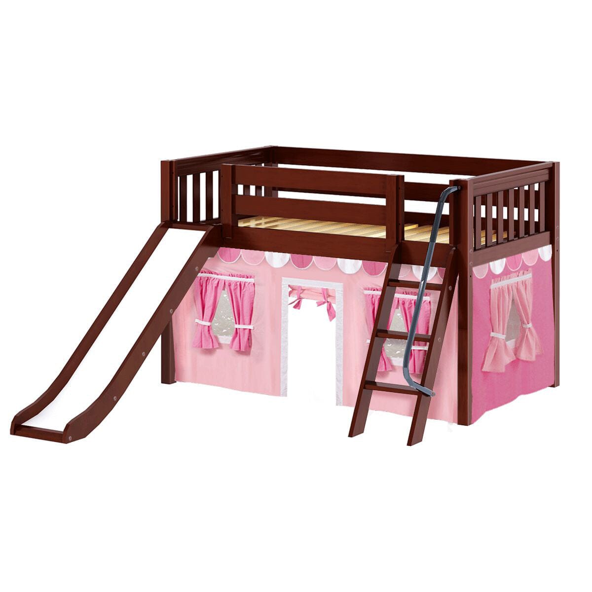 Wooden kids loft bed with slide and pink playhouse curtain.