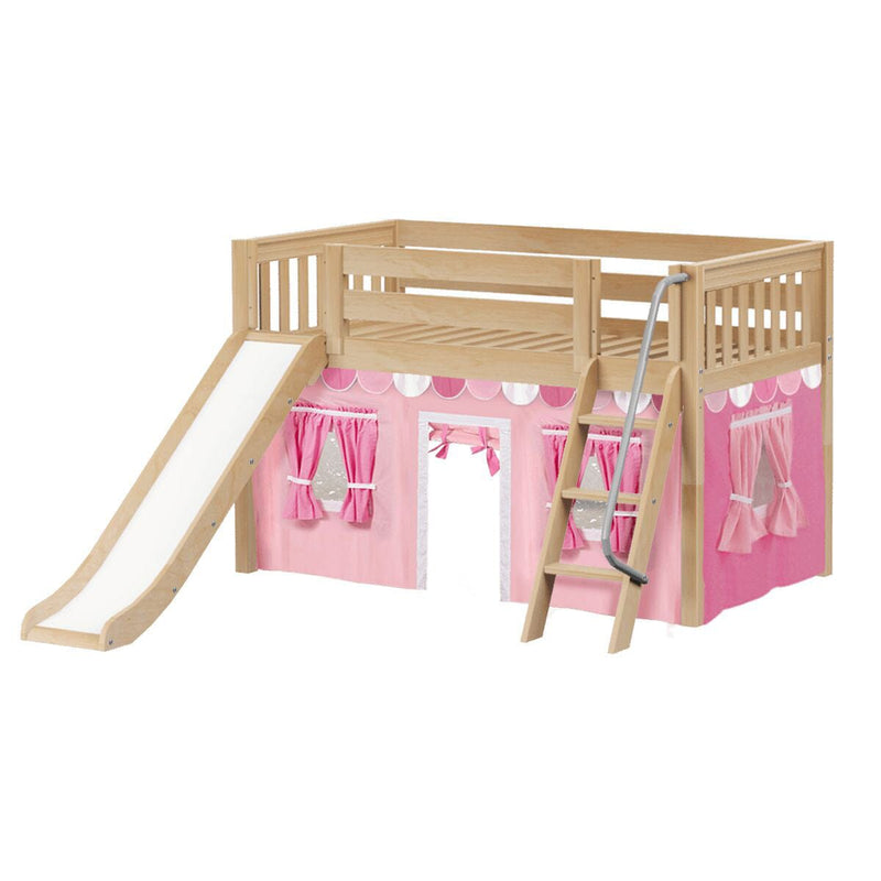 Natural wood kids loft bed with slide and ladder, pink playhouse curtain tent underneath — toddler loft bed with built-in slide and play space