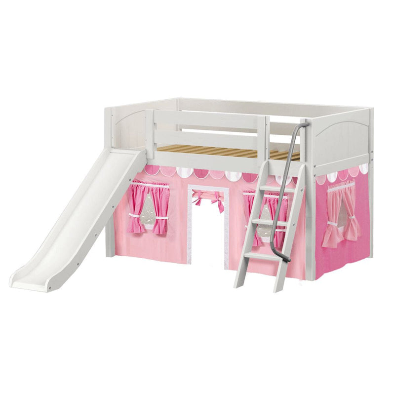 White wooden kids loft bed with slide and ladder, pink playhouse curtains, space-saving children's furniture