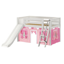 Children's white wooden loft bed with pink playhouse curtains, ladder, and slide.