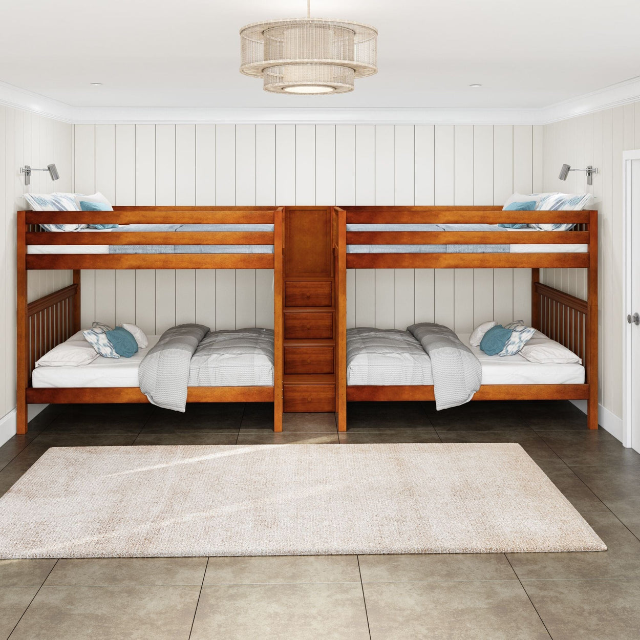 Elegant wooden bunk bed setup in a modern bedroom with cozy bedding and stylish decor.