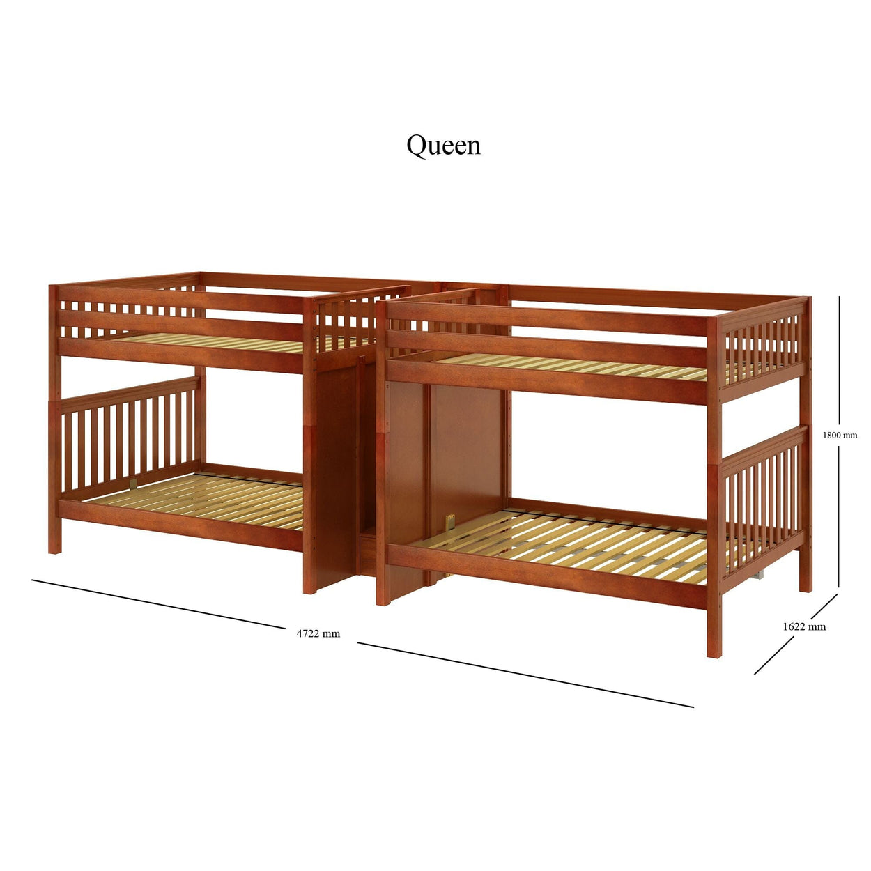 Queen size wooden bunk beds with measurements for spacious bedroom layouts.