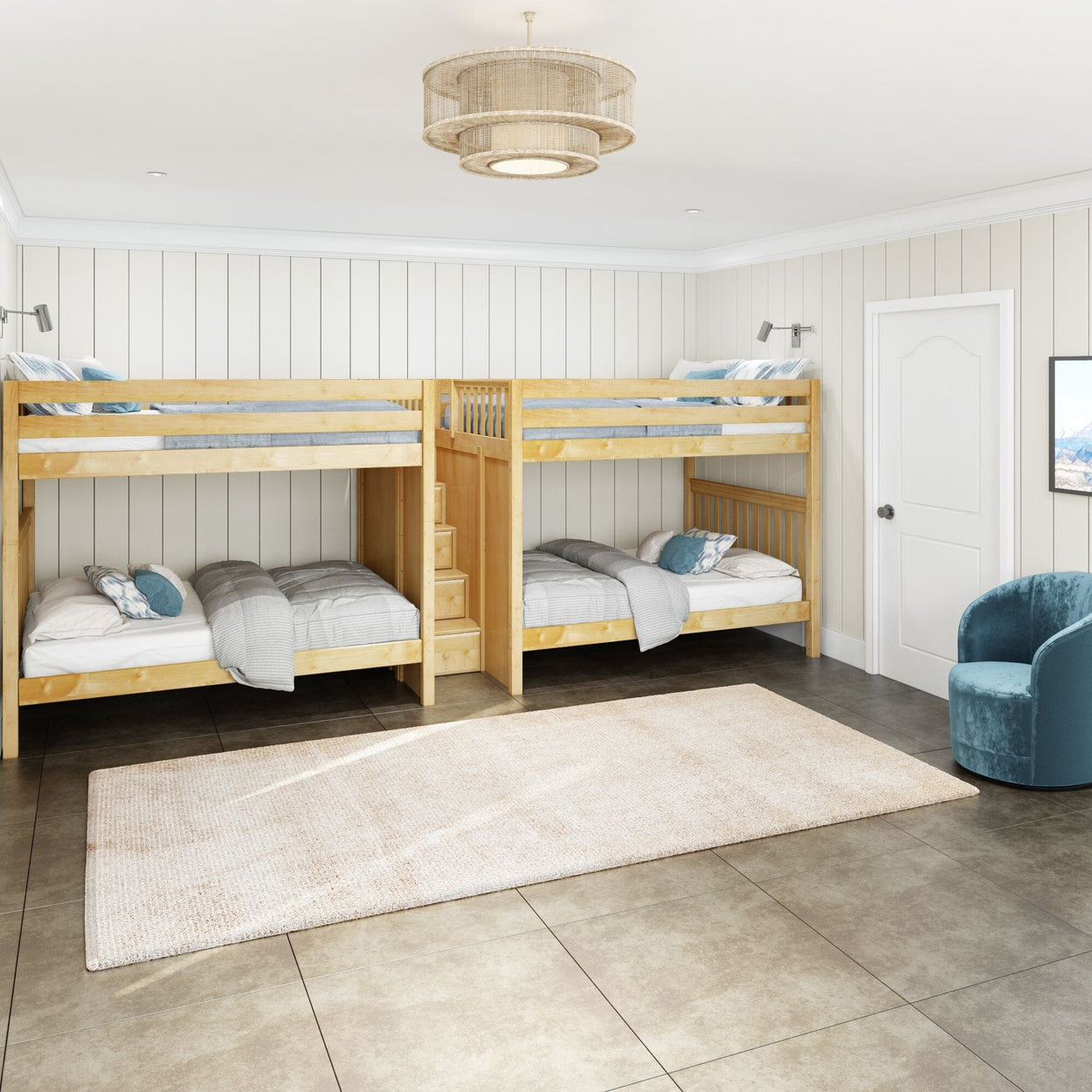 Luxurious bedroom with two wooden bunk beds, modern lighting, and cozy decor.