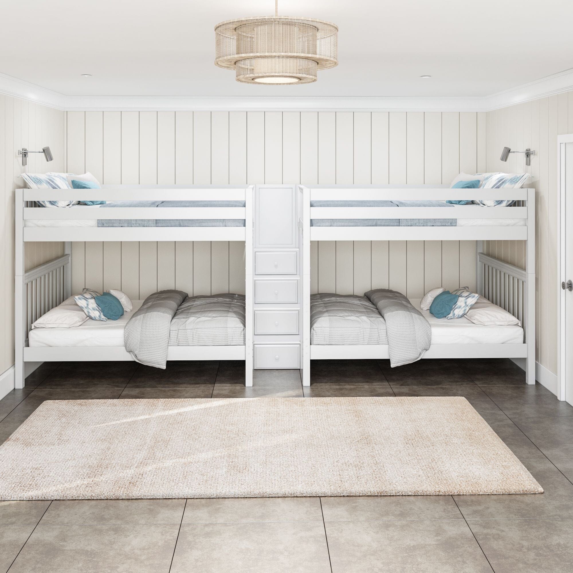 Wooden bunk bed with ladder in modern bedroom, featuring white and plaid bedding.