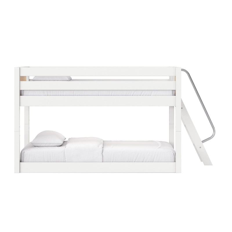 Modern white wooden bunk bed with metal ladder and safety rails, two-level bed with white bedding and pillows for kids, minimalist modern design