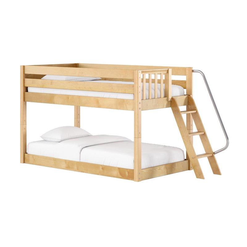 Solid maple twin-over-full loft bunk bed with angled ladder and metal handrail, white bedding and space-saving design
