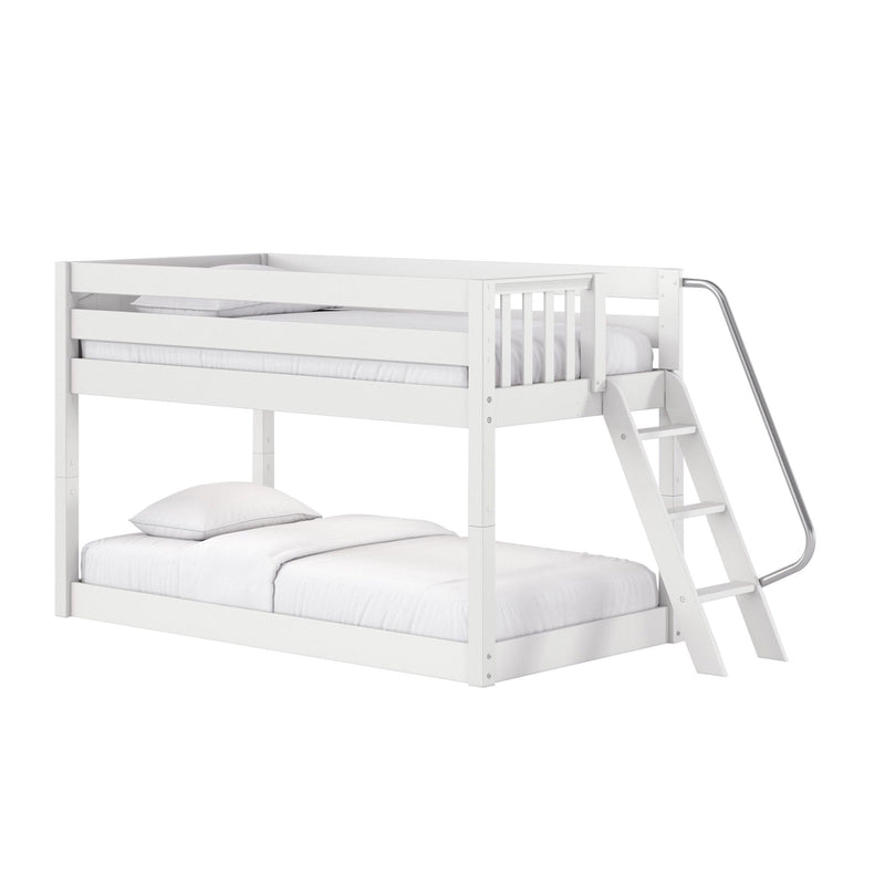 White wooden twin-over-full bunk bed with top guardrails, angled ladder and metal slide, styled with white mattress and pillows