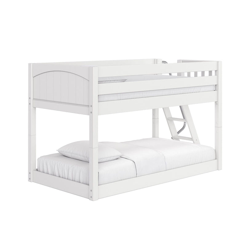 White wooden twin-over-full bunk bed with ladder and guardrails, white mattresses and pillows, modern kids loft bed for small bedrooms