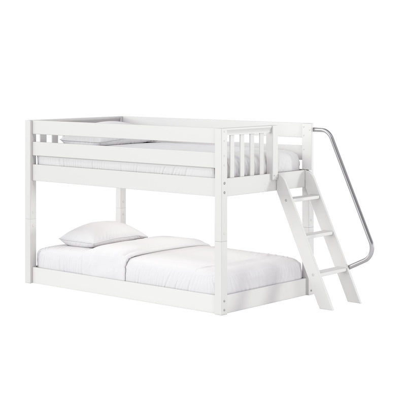 Modern white wooden twin-over-full bunk bed with built-in ladder and safety rails, styled with white mattress and pillows