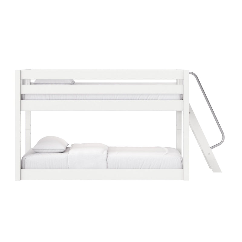 Minimal white wooden bunk bed with side ladder and white bedding — modern space-saving loft bed for kids' bedroom