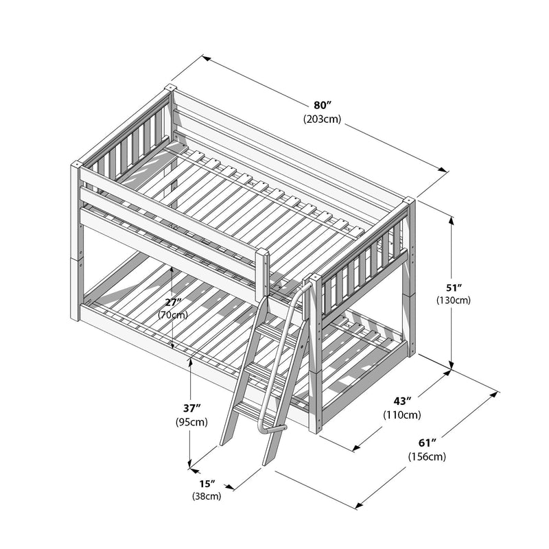 Assembly diagram of a wooden twin-over-twin bunk bed with slatted mattress supports, side guardrails, angled ladder and annotated dimensions in inches and centimeters for product specifications and assembly