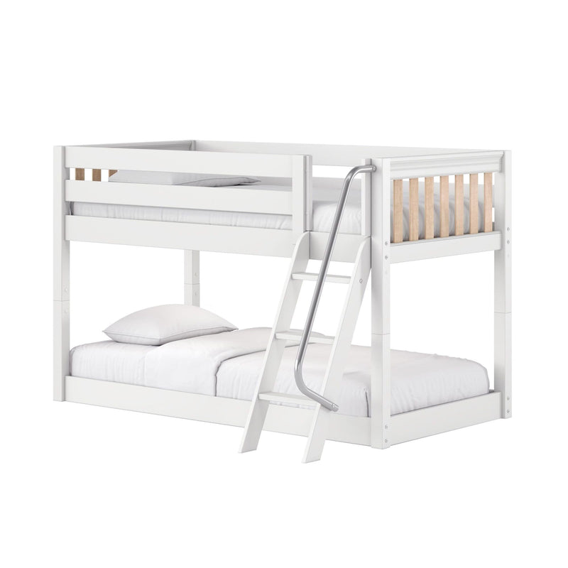 White wooden twin-over-full bunk bed with built-in ladder and natural wood slats — modern space-saving kids bedroom furniture