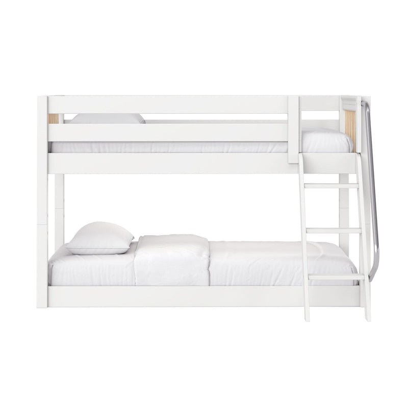 White two-tier wooden bunk bed with side ladder and guardrails, white bedding, modern kids bedroom furniture