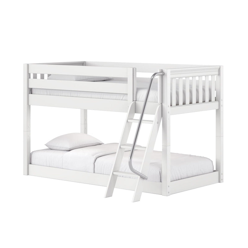 White wooden loft bunk bed with ladder and safety guardrail, modern minimalist kids bedroom furniture
