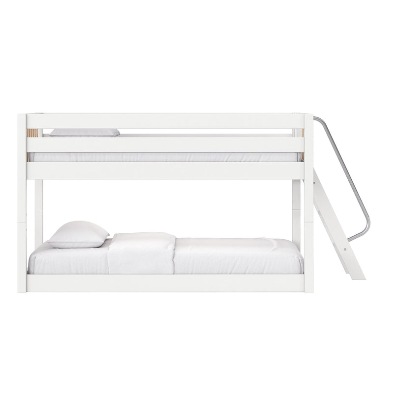 White modern wooden bunk bed with side ladder, stacked two-tier design, white mattress and pillows for minimalist bedroom décor